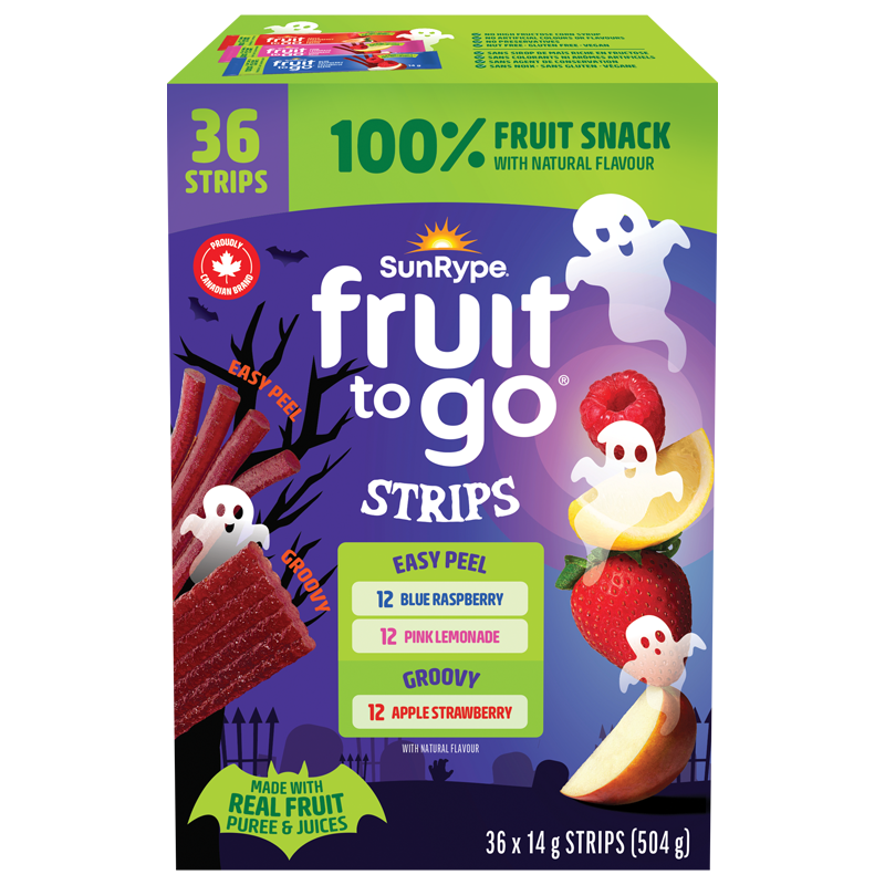 SunRype Fruit to Go HALLOWEEN VARIETY PACK (APPLE STRAWBERRY/BLUE RASPEBRRY/PINK LEMONADE) Carton 36 x 14g