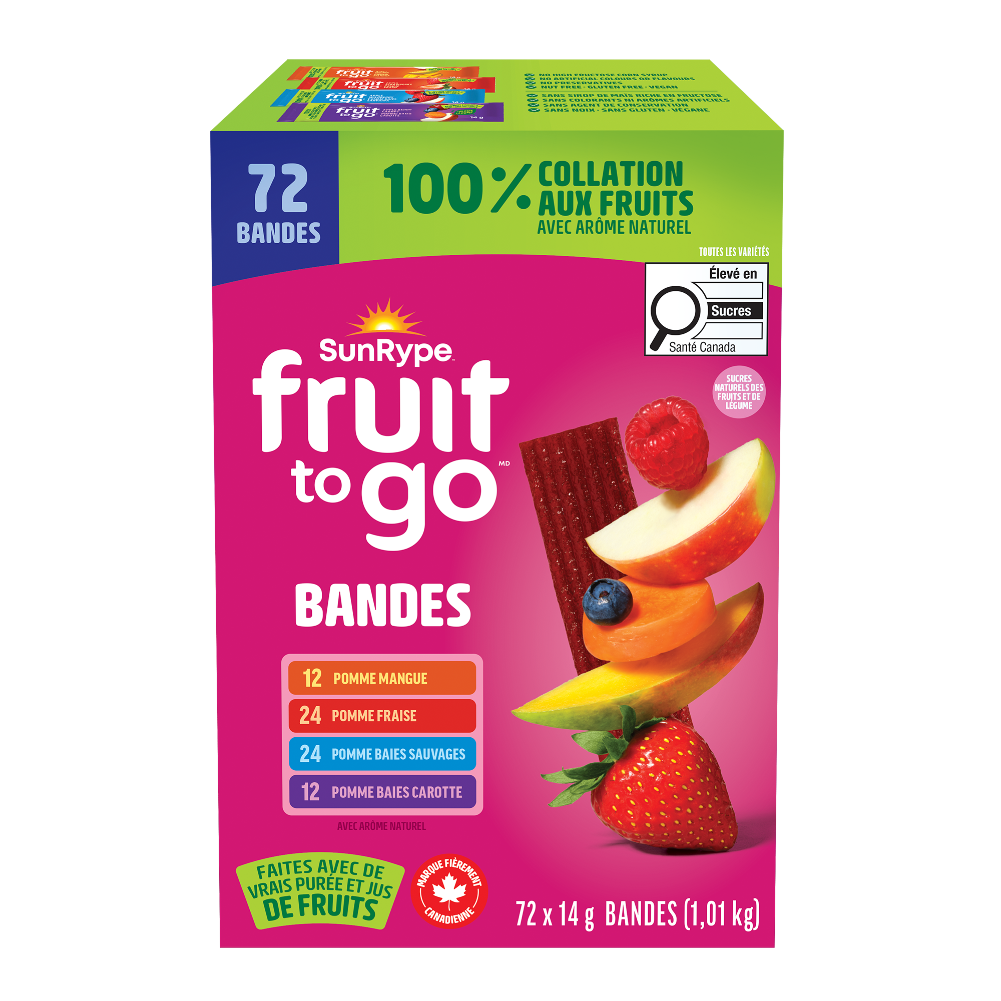 SunRype Fruit to Go PAQUET VARIÉ (POMME MANGUE, POMME BAIES CAROTTE, POMME FRAISE, POMME BAIES SAUVAGES) Carton 72x14g